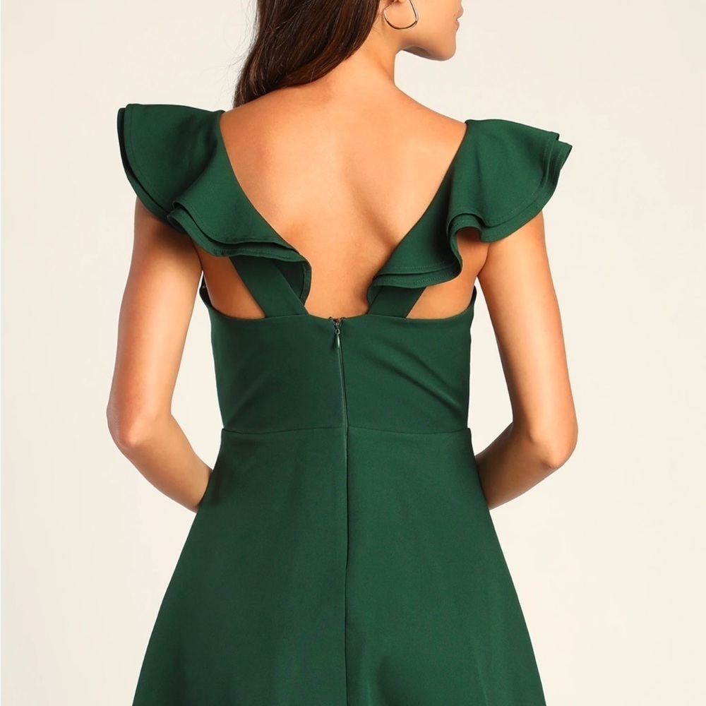 Lulus Womens Divine Darling Ruffled Skater Dress Sz Large Green Sleeveless Lined - Picture 2 of 10